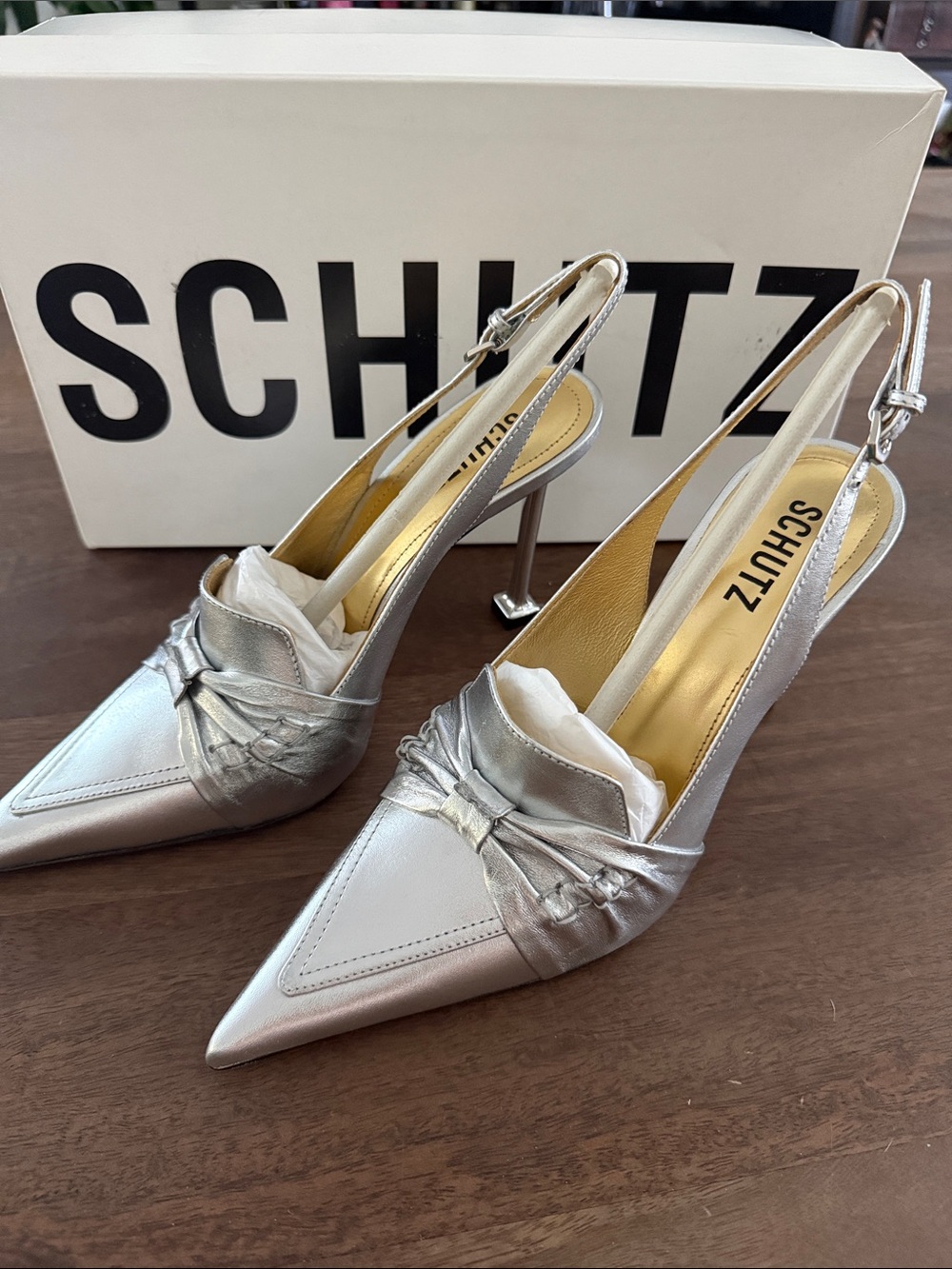 SCHUTZ NWT Metallic Silver Pointed-Toe Slingback Heels with Knot Detail